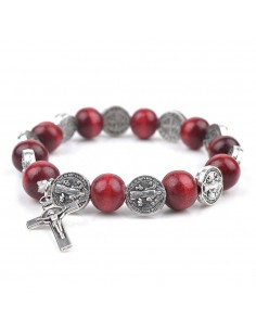 Pulsera San Benito – Medallas y cuentas de madera marrón