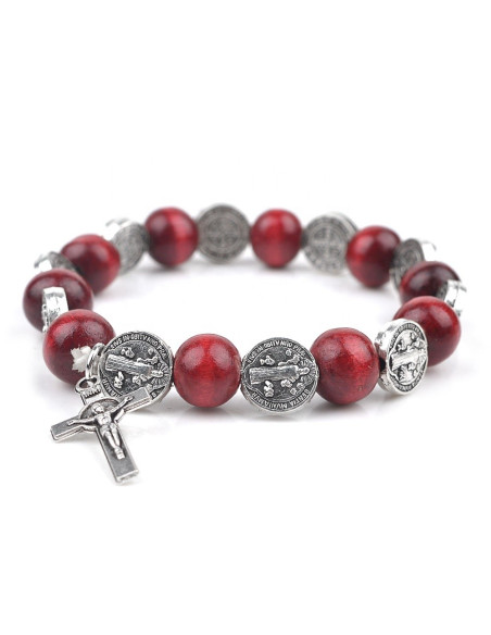 Benediktus-Armband – Medaillen & 10 mm bordeauxrote Holzperlen