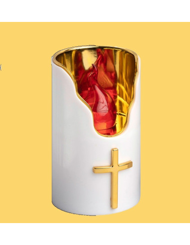 Vela funeraria LED blanca y dorada con cruz – Larga duración
