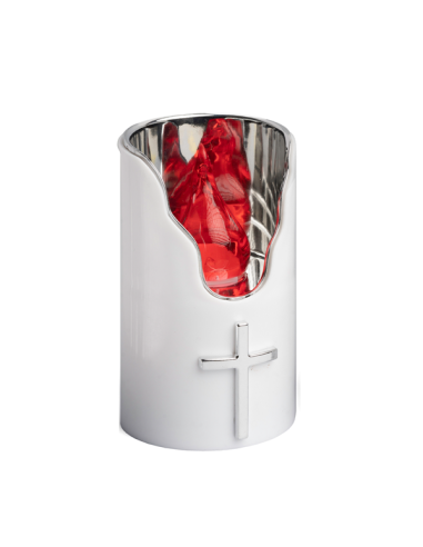 Vela funeraria LED blanca y plateada con cruz – Larga duración