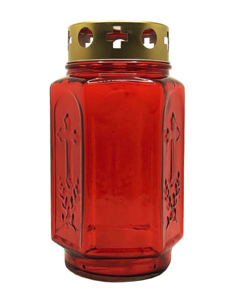 Cemetery lantern 17 cm in red glass with copper-colored metal lid