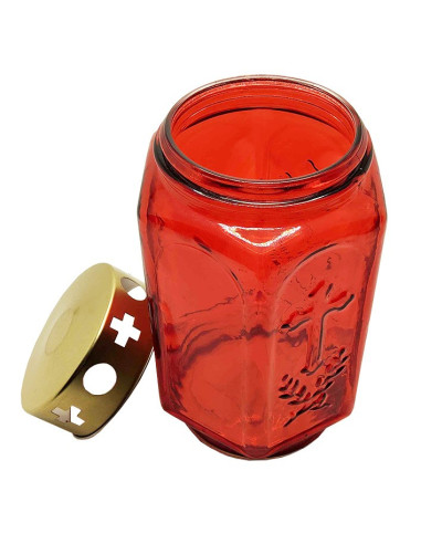 Cemetery lantern 17 cm red glass – Copper metal lid