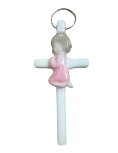 Croix religieuse fille en prière 7 x 15 cm – Céramique blanche