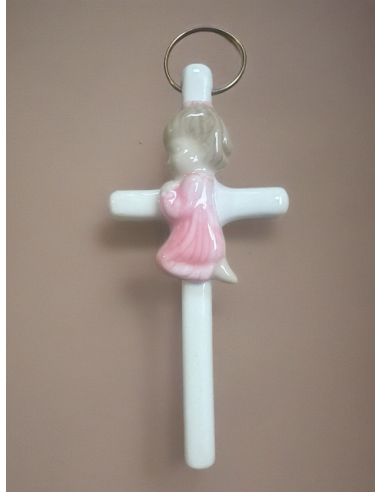 Croix religieuse fille en prière 7 x 15 cm – Céramique blanche