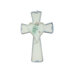 Cruz de pared cer&aacute;mica blanca y azul &ndash; &Aacute;ngel protector