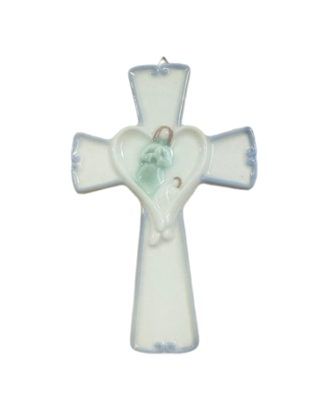 Croix murale en céramique blanche et bleue – Ange protecteur