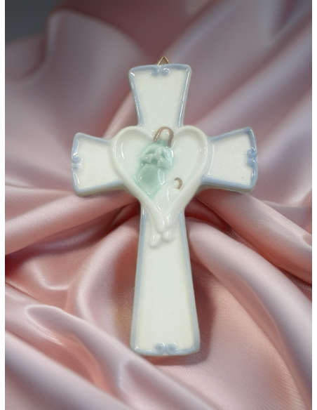 Wandkreuz aus weißer und blauer Keramik – Eleganter Schutzengel