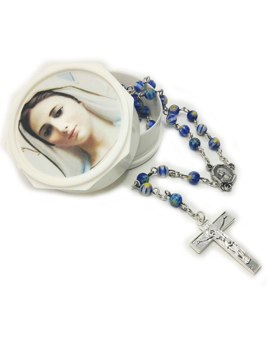 Rozenkrans van blauw Muranoglas met gele bloemen – met bewaardoosje