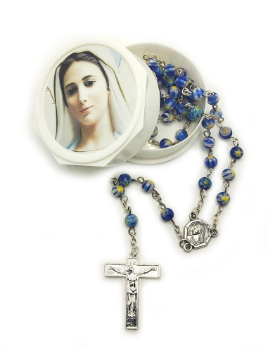 Rozenkrans van blauw Muranoglas met gele bloemen – met bewaardoosje