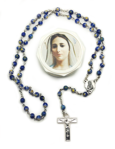 Rosario de vidrio Murano azul con flores amarillas – con caja de almacenamiento