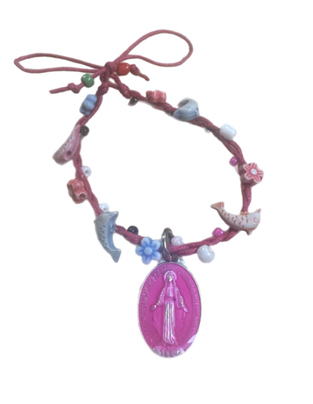 Braccialetto intrecciato con Medaglia Miracolosa Rosa – Fiori e Delfini 14x20 mm