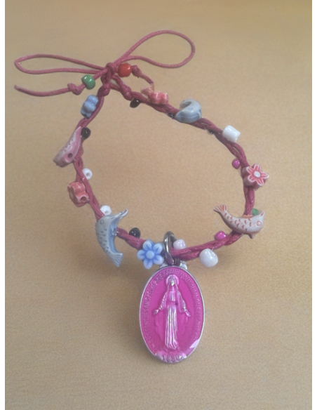 Bracelet tressé  avec médaille de laVierge Miraculeuse rose – fleurs et dauphins 14x20 mm