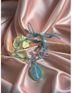 Bracelet tressé Vierge Miraculeuse – fleurs & dauphins bleu