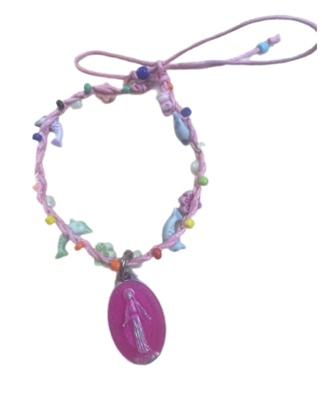 Bracelet enfant Vierge Miraculeuse rose, fleurs et dauphins