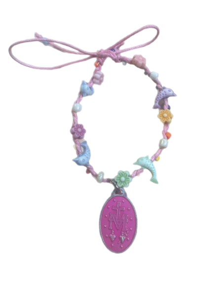 Bracelet enfant Vierge Miraculeuse rose, fleurs et dauphins