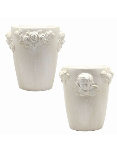 Cremefarbener Keramiktopf mit Engel und Rosen – Vintage-Deko 10 cm