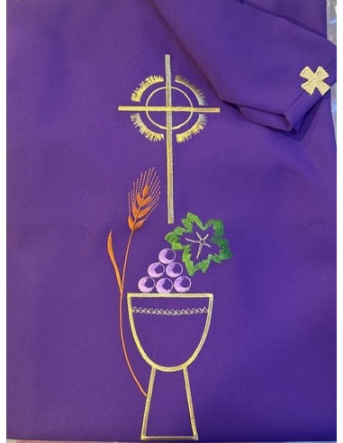 Chasuble mauve brodée calice et raisins avec étole – Liturgie