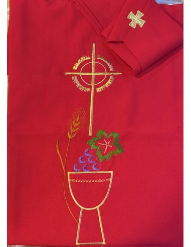 Casula rossa ricamata calice e uva – con stola liturgica