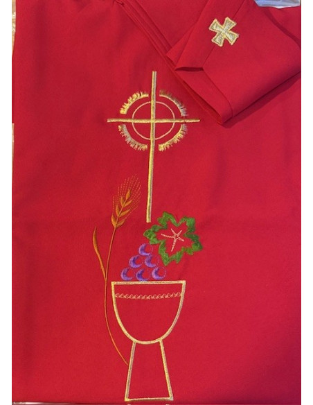 Rote Kasel mit Stola, Kelch, Ähren und Trauben – Handarbeit