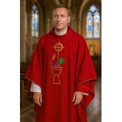 Casulla roja con estola, cáliz, trigo y uvas bordados – Hecha a mano