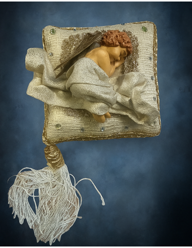 Sleeping terracotta angel on yellow cushion – Handmade in the Philippines