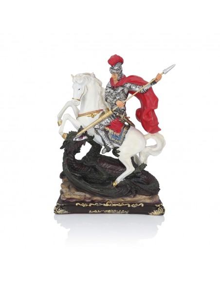 Statua di San Giorgio a cavallo che uccide il drago – 30 cm | Resina dipinta a mano | Santo protettore