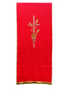 Voile de lutrin rouge – Brodé croix, calice et grappes de raisins