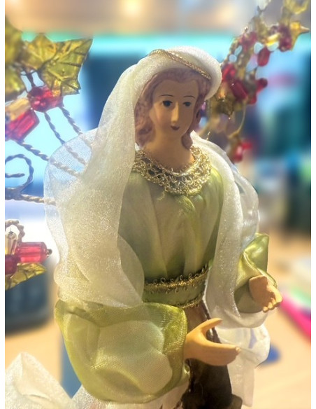 Angelo in Metallo 33 cm – Abito Bianco con Fiori Rossi e Foglie Verdi | Decorazione Natalizia Artigianale