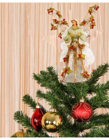 Ángel de Metal 33 cm – Vestido Blanco con Flores Rojas y Hojas Verdes | Decoración Navideña Artesanal