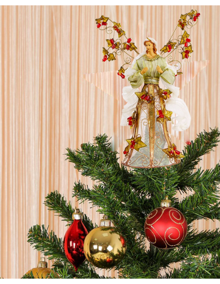 Ange en Métal 33 cm – Robe Blanche, Fleurs Rouges et Feuilles Vertes | Décoration de Noël Artisanale