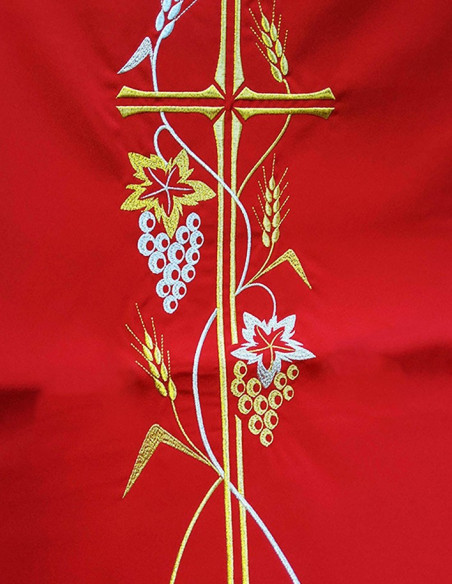 Red Lectern Hanging 50 × 250 cm – Embroidered Cross, Wheat and Grapes