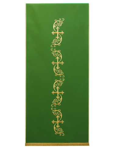 Voile liturgique vert avec broderies dorées – Croix et motifs végétaux