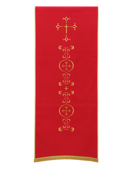 Rood liturgisch voorhangsel met gouden borduursel – Kruis en barokke motieven