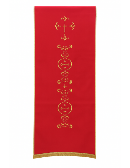 Voile liturgique rouge avec broderies dorées – Croix et motifs baroques