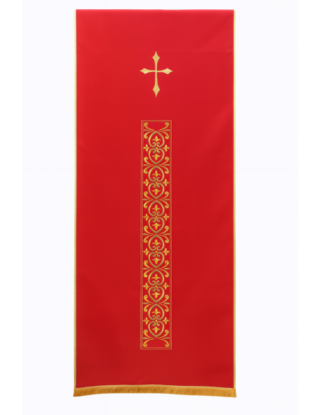 Voile pour lutrin rouge – Croix avec bande et liserés cousus au fil d’or