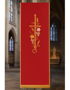 Rood liturgisch velum met gouddraad – Kruis, aren en druiventrossen