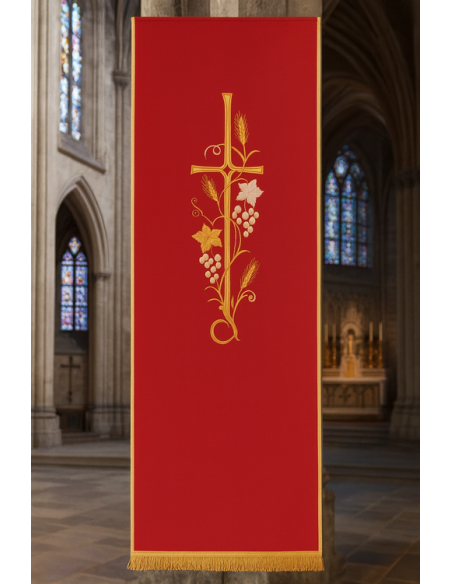 Rotes liturgisches Velum mit Goldstickerei – Kreuz, Ähren und Trauben