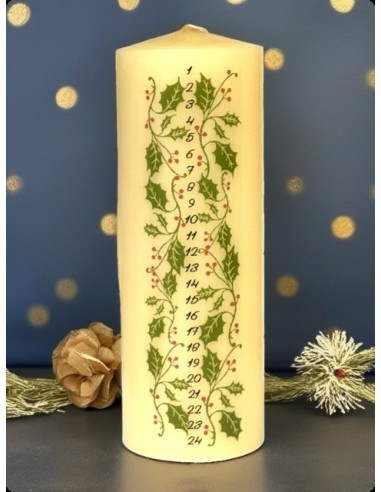 Decorative Advent Candle – Holly Leaves and Red Berries