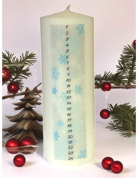 Decoratieve Adventskaars – Blauwe sneeuwvlokken op ivoor | Religieux Saint Christophe
