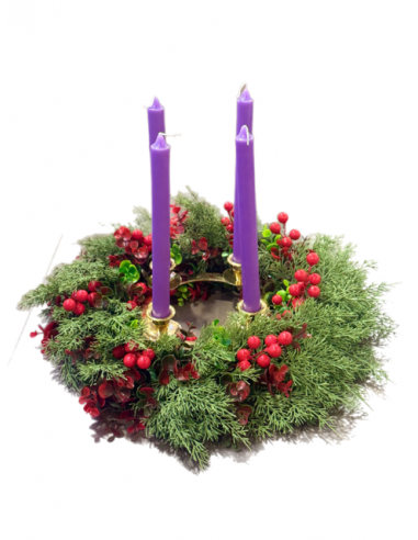 Corona de Navidad artesanal con bayas rojas – Ø 44 cm