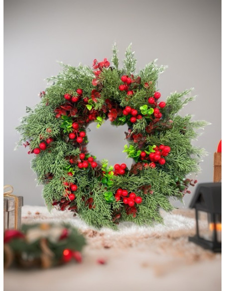 Corona de Navidad artesanal con bayas rojas – Ø 44 cm