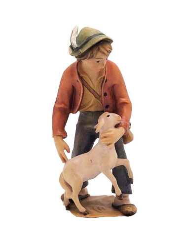 Pastor de pie con oveja - figurita de madera de 10 cm