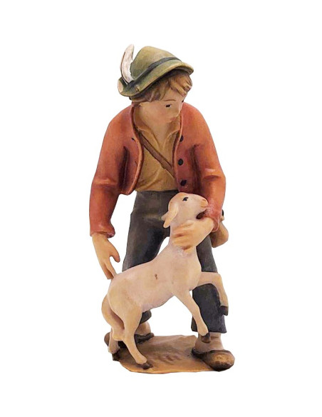 Pastor de pie con oveja - figurita de madera de 10 cm