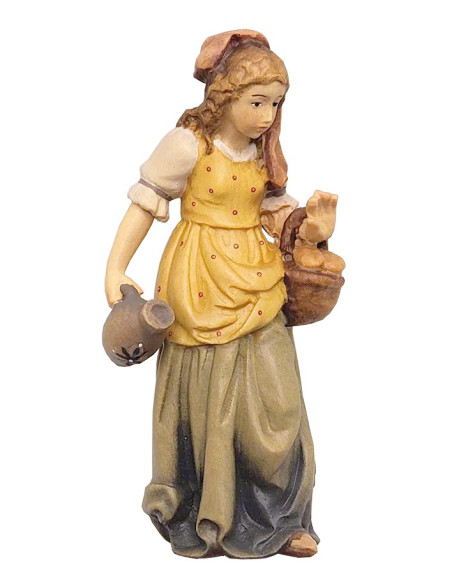 Bergère avec cruche d'eau et panier - figurine en bois 11,5 cm