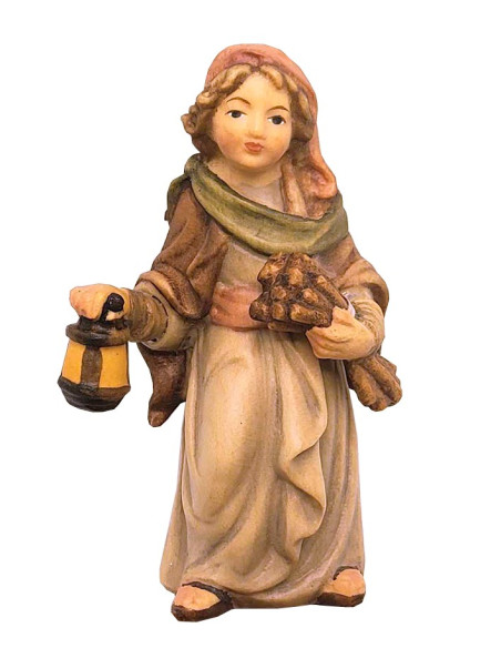 Bergère jeune avec lanterne et fagot de bois - figurine en bois 8 cm