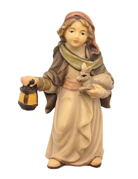 Bergère jeune avec lapin et lanterne - figurine en bois 8 cm