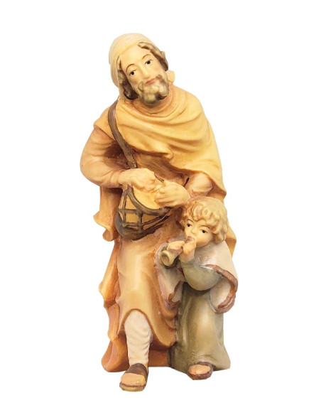 Pastore con bambino che suona strumenti musicali - statuina in legno 11 cm