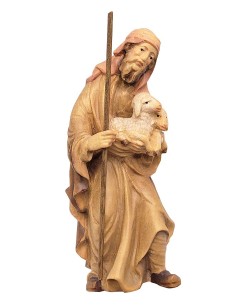 Pastore con agnelli e bastone - statuina in legno 10 cm