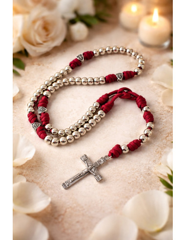 Metal Rosary 10 mm – Jerusalem Cross, Burgundy Cord