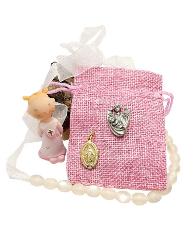 Roze-witte baby bijt ketting cadeauzakje